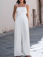 Pleated Wide-Leg Camisole Jumpsuit With Decorative Chest Trim