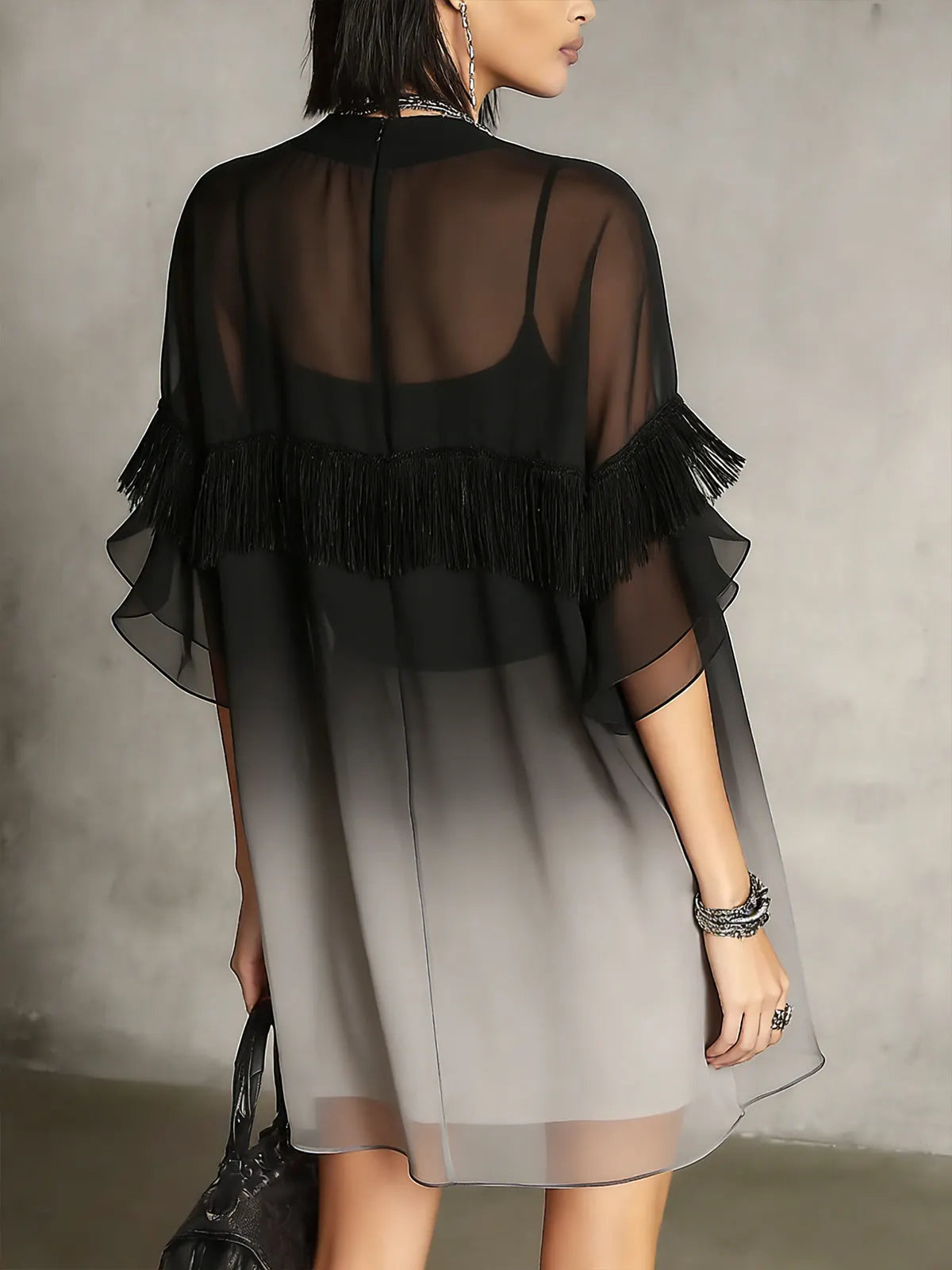 Black Ombre Sheer Fringe Detail Floaty Mini Dress