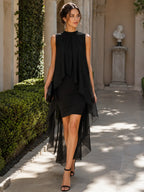 Asymmetrical Layered Chiffon Overlay Cocktail Dress