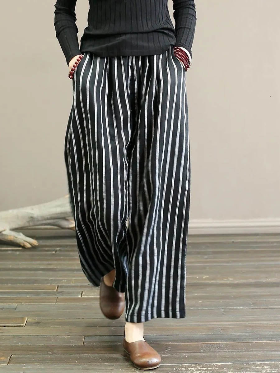 Women's High-waisted Loose-fit Striped Cotton-linen Wide-leg Pants
