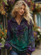 Women's Vintage Rose Floral Embroidery Gradient Comfy Hooded T-shirt