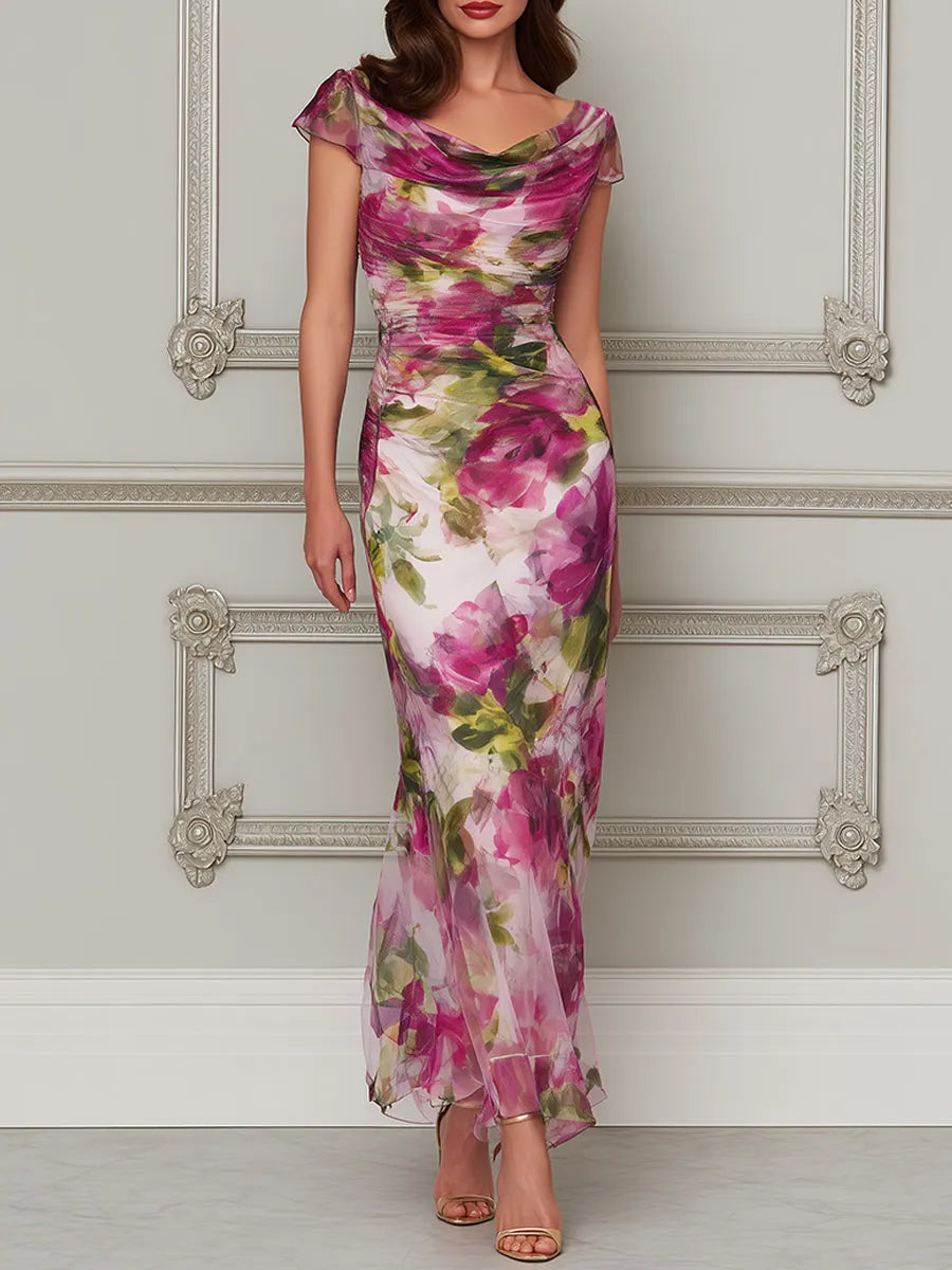 Enchanted Garden Ruched Cowl-Neck Trumpet Dress