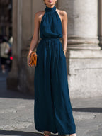 Halter-Neck Pleated Front-Knot Flowy Jumpsuit