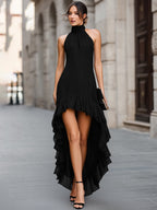 Halter Neck High-Low Ruffle Hem Evening Dress
