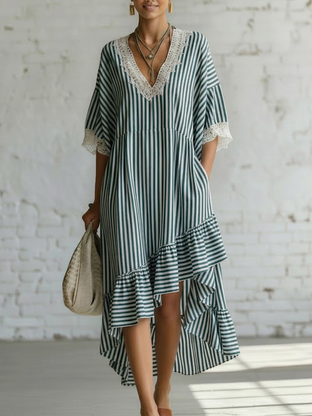 Romantic Striped Lace Asymmetrical Hem Loose-fit Dress