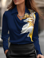Solid Satin Floral Print Simple Swing Collar Shirt Top