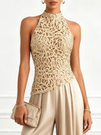 Women Champagne Lace Halter Neck Sleeveless Dressy Jumpsuit