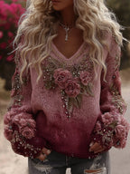 Women's Vintage Pink Rose Embroidery Art Cozy Knit V Neck Sweater
