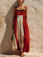 Red & White Color-Block Spaghetti Strap Wide-Leg Jumpsuit