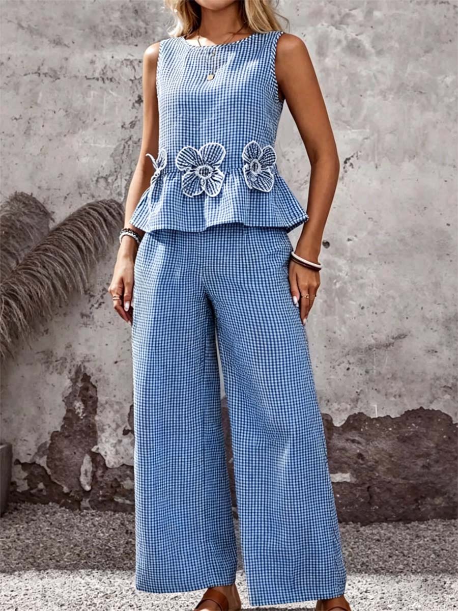 Women's Striped Flowers Art Stylish Cotton Linen Top And Pants Suits