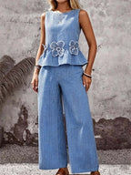 Women's Striped Flowers Art Stylish Cotton Linen Top And Pants Suits