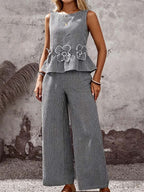 Women's Striped Flowers Art Stylish Cotton Linen Top And Pants Suits