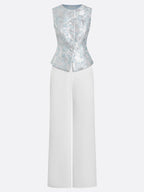 Women White Jacquard Floral Buckle Crew Neck Sleeveless Dressy Top With Pants Two-Piece Set