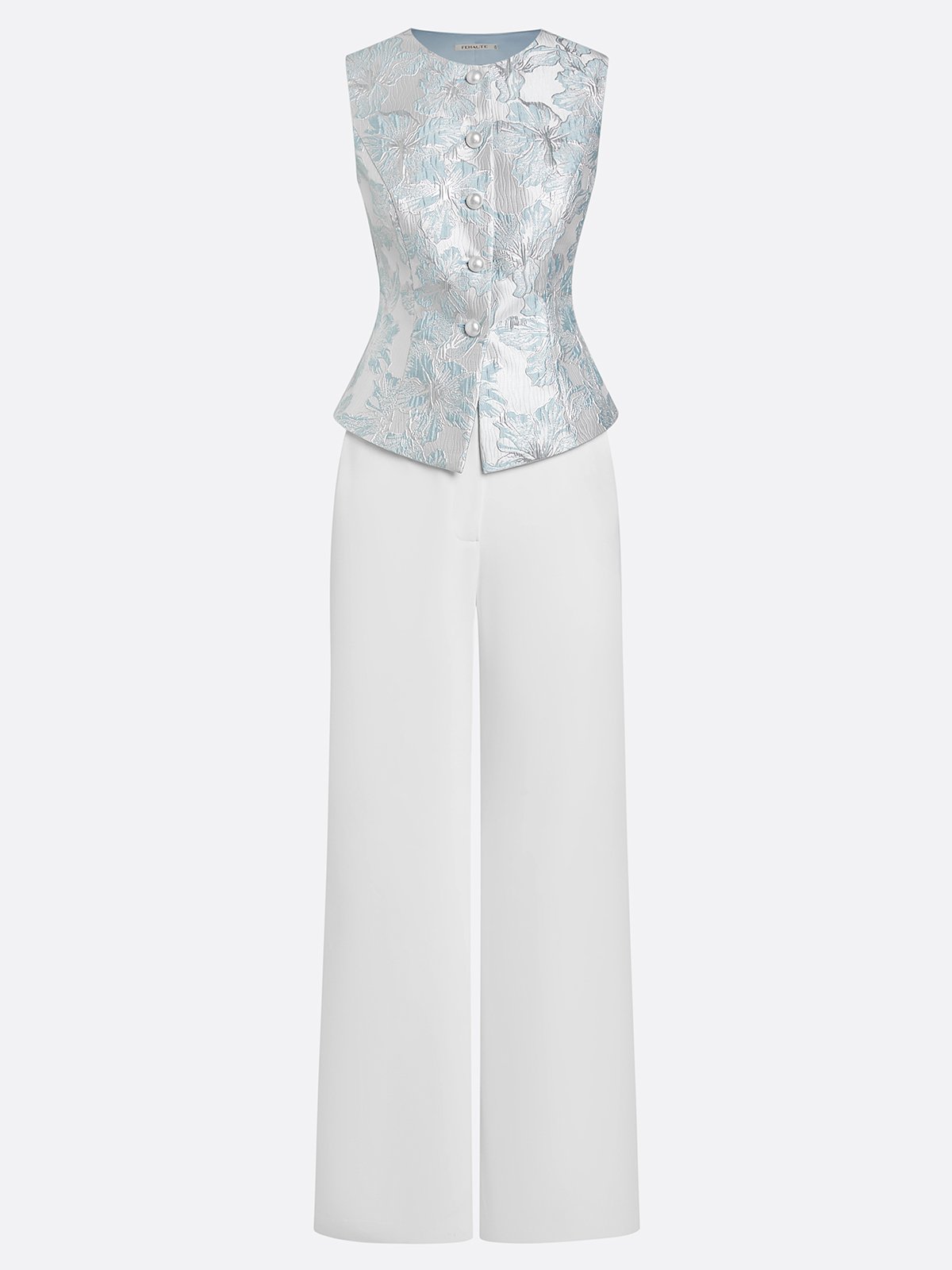 Women White Jacquard Floral Buckle Crew Neck Sleeveless Dressy Top With Pants Two-Piece Set