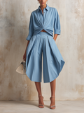 Light Blue Twisted Shirt & Pleated Culottes Set - Modern Two-Piece Outfit
