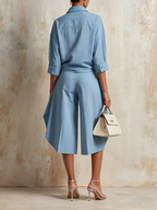Light Blue Twisted Shirt & Pleated Culottes Set - Modern Two-Piece Outfit