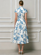 Vintage-Inspired Azure Floral Pleated Midi Dress