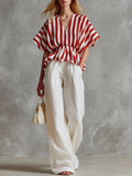 Women's striped printed V-neck 3/4 sleeve casual loose cotton linen top and solid color high-waisted wide-leg pants cotton linen set