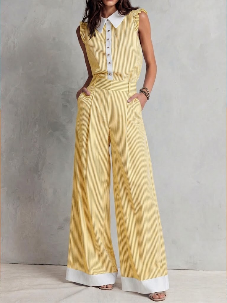 Stylish Casual Two-piece Set: Sleeveless Cotton Top With White Stripe Paneling And Matching Trousers