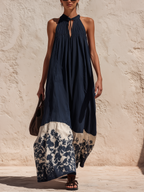 Navy Floral Border Tencel Denim Halter Neck Maxi Dress