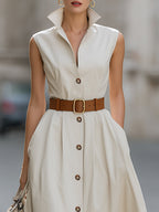 Sleeveless Stand Collar Belted Midi Dress With Brown Buttons
