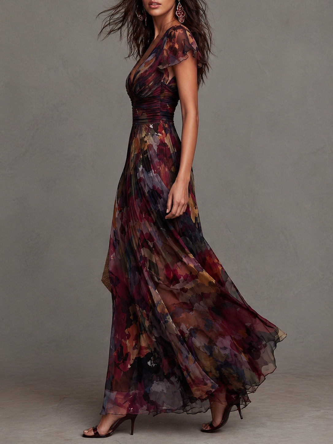 Vintage Watercolor Floral Print Pleated Chiffon Maxi Dress