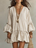 Women's Retro Striped Art Ruffled Casual Stylish V-Neck Cotton Linen Dress