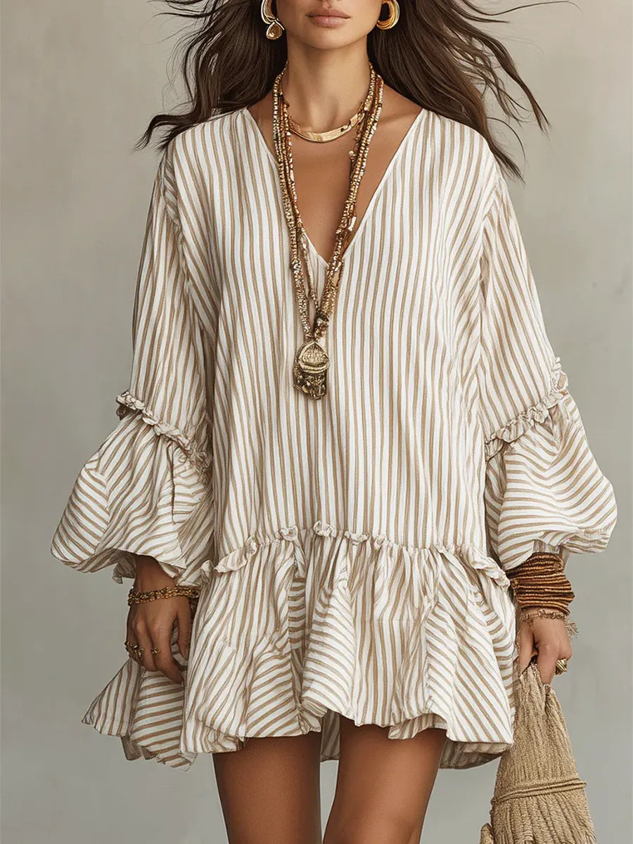 Women's Retro Striped Art Ruffled Casual Stylish V-Neck Cotton Linen Dress