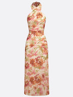 Orange Floral Bow Chiffon Halter Sleeveless A-Line Maxi Dress