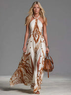 Vintage Bohemia Halter Neck Brown Western Print Off White Chiffon Split Maxi Dress