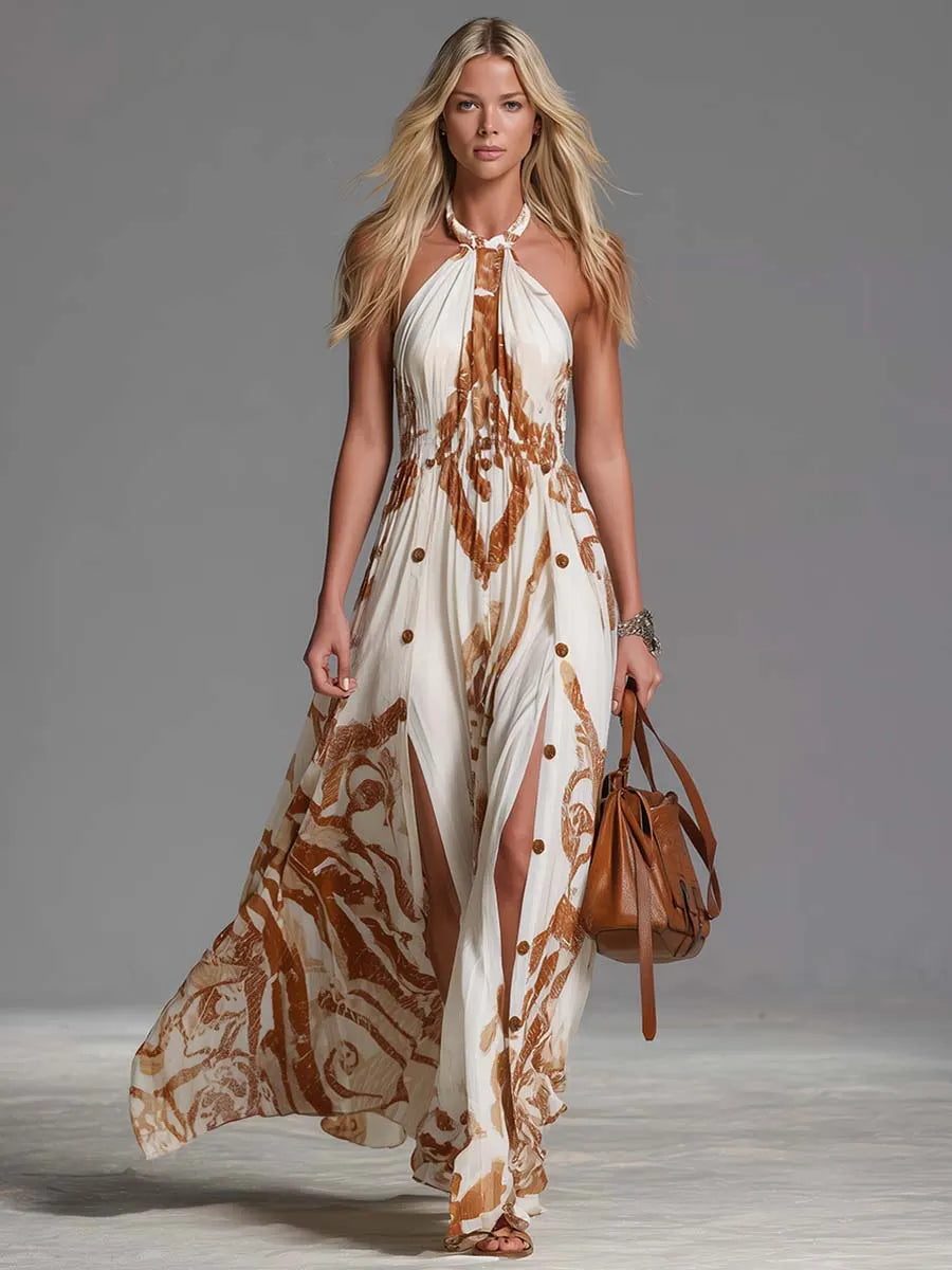 Vintage Bohemia Halter Neck Brown Western Print Off White Chiffon Split Maxi Dress