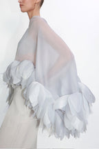 Light Grey Sheer Organza Blouse with 3D Petal Ruffle Sleeves