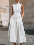Structured Mandarin Collar Buttoned Vest & Pleated Midi Skirt Set