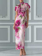Floral Print Maxi Dress With Flutter Capelet