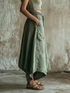 Olive Green Washed Denim Utility Wide-Leg Culottes