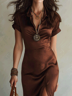 Elegant Mocha Satin Slim Fit Midi Dress With V-Neck Collar