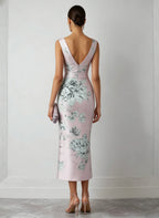 Pink Floral Satin V Neck Sleeveless Sheath Midi Dress