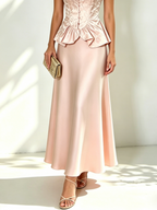 Women Pink Jacquard V Neck Short Sleeve Dressy Coat With Skirt Two-Piece Set