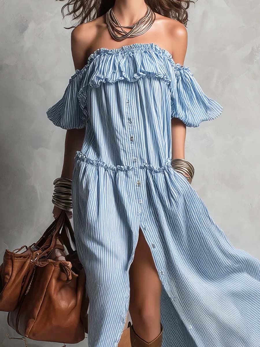 Women's Striped Art Print Casual Stylish Ruffled Vacation Maxi Dress