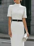High Neck Belted Tailored Midi Dress