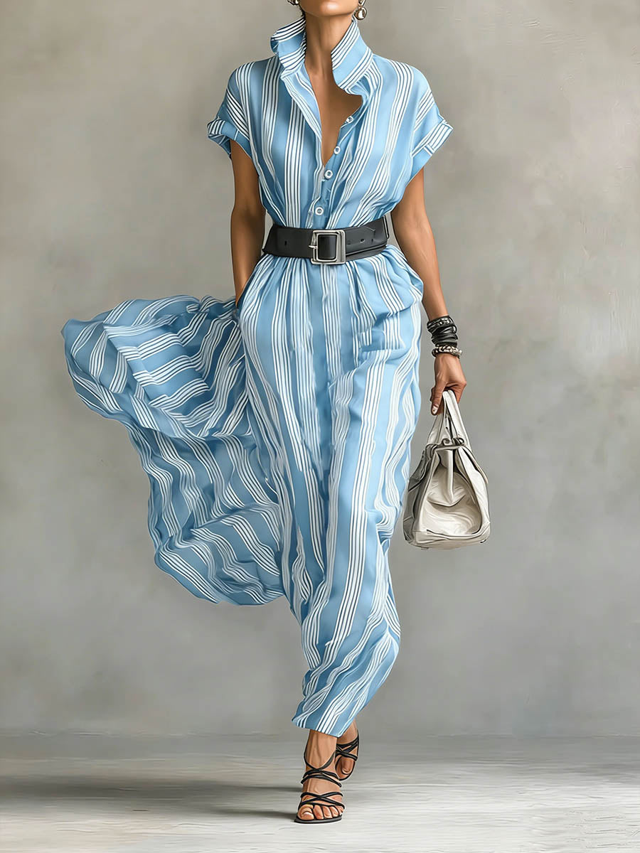 Women's Striped Printed Lapel Short-sleeved Casual Loose Cotton Linen Dress