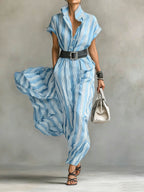 Women's Striped Printed Lapel Short-sleeved Casual Loose Cotton Linen Dress