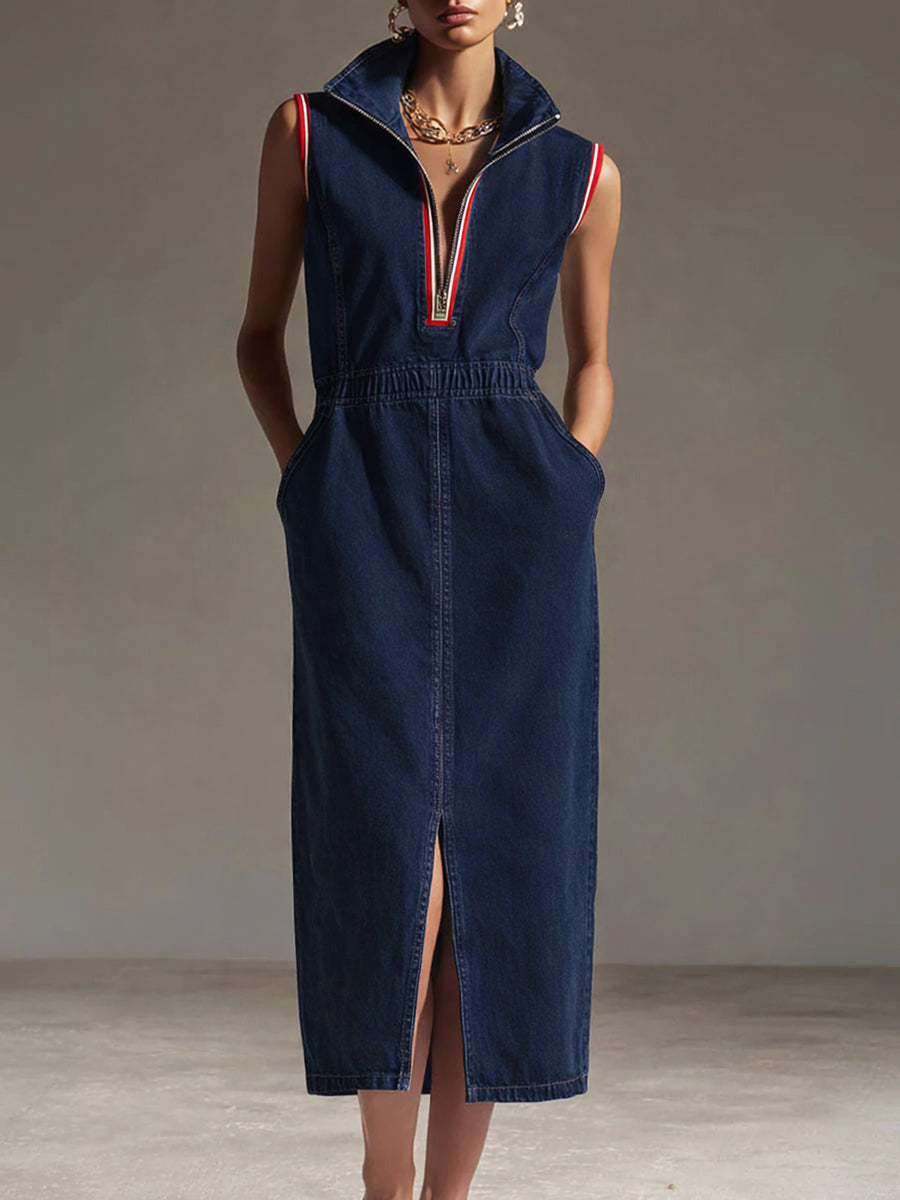 Casual Zipper Denim Sleeveless Dress