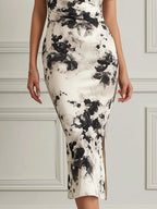 Monochrome Bloom Flutter-Sleeve Midi Dress