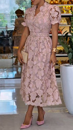 lush Pink 3D Floral Lace Belted Midi Dress
