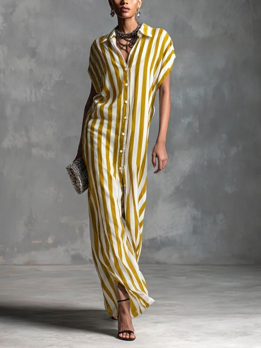 Casual Striped Linen And Cotton Shirt Dress
