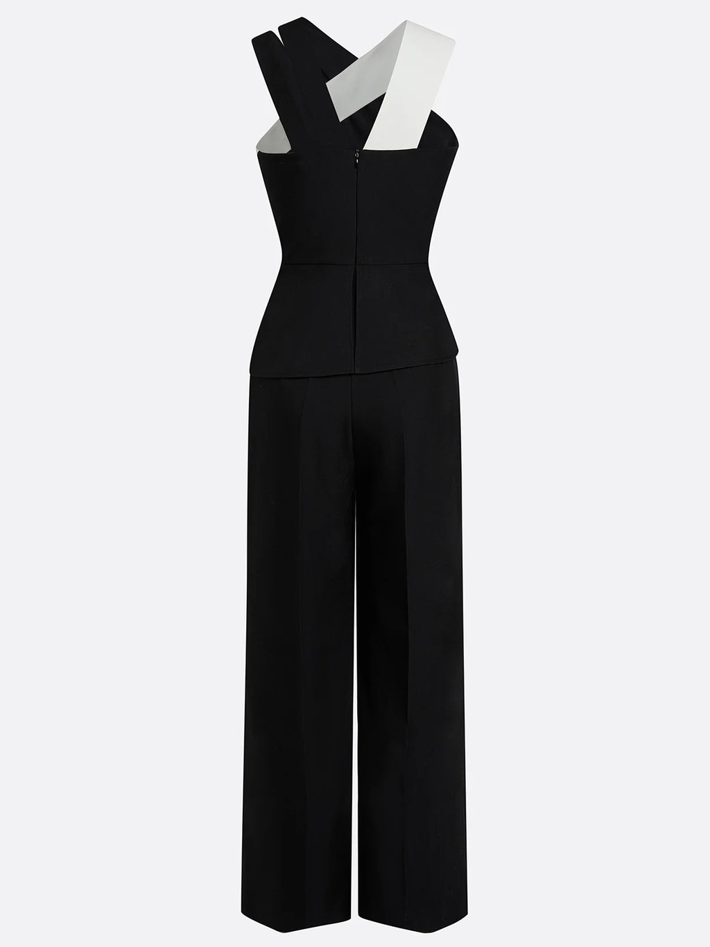 Women Black Cross Pocket Stitching Halter Sleeveless Dressy Jumpsuit