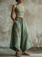 Olive Green Washed Denim Utility Wide-Leg Culottes