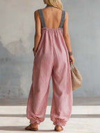 Women's Striped Art Casual Stylish Zip Comfortable Cotton Linen Jumpsuit