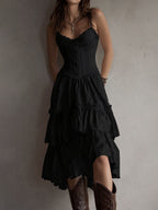 Retro Boho White Corset Tiered Midi Dress With Lace-Trim